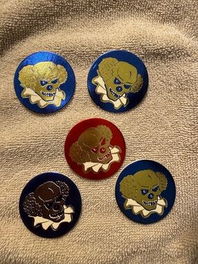 Vintage POGS Set of 5 Cardboard Clown Skull Pins - Blue & Red